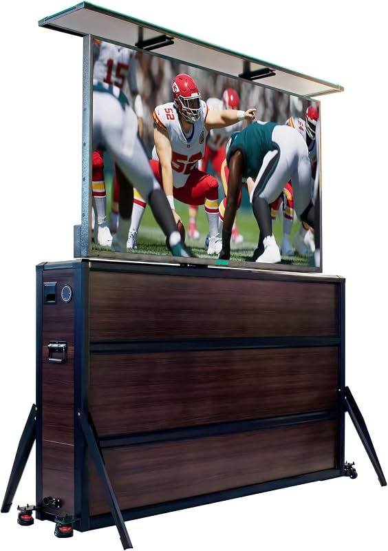 Outdoor TV Lift Cabinet Weatherproof, Motorized Hidden Aluminum TV Cabinet with Wood Finish, Outdoor TV Stand for Patio, Deck and Backyard, Fits 55–65 Inch Flat Screens