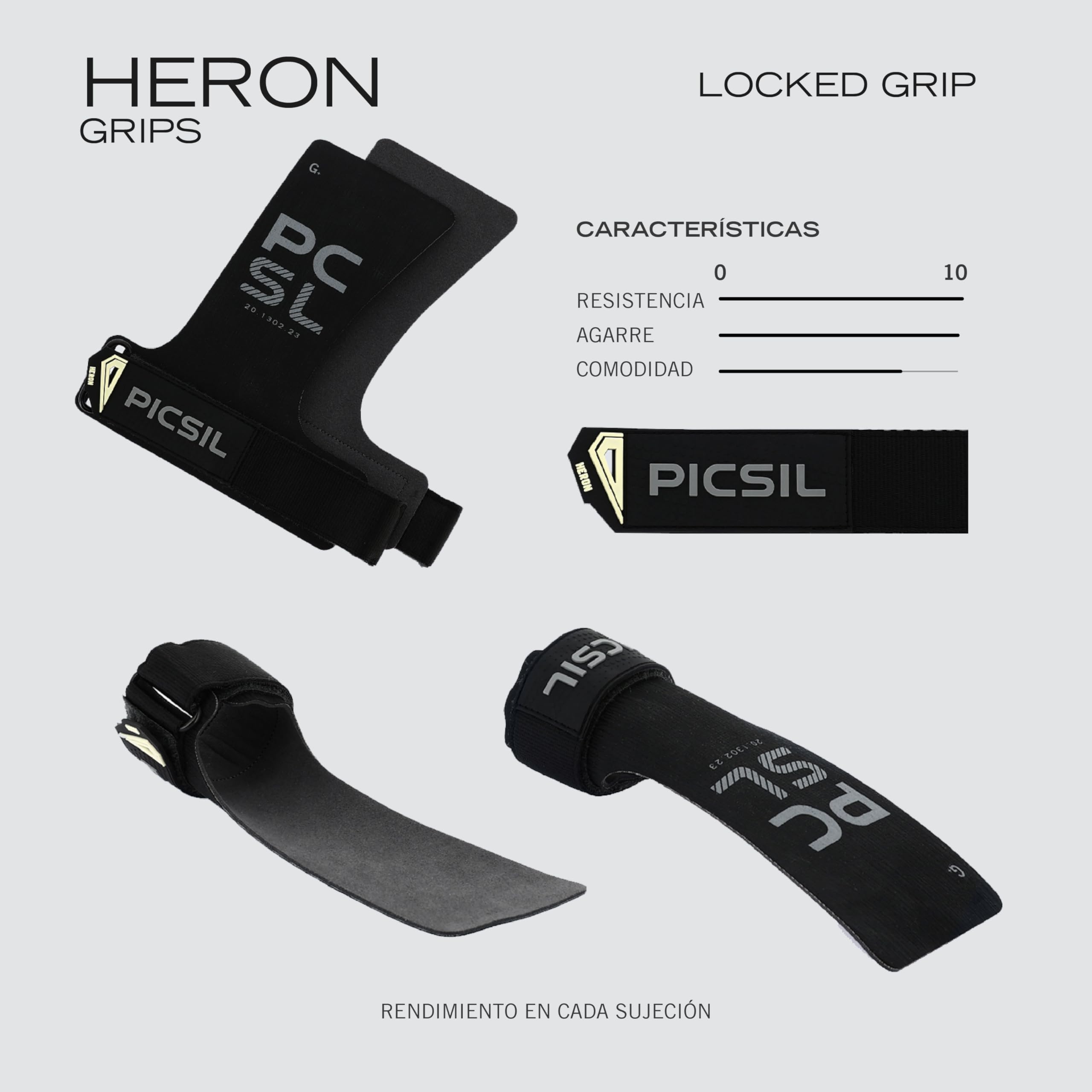 PICSIL Calleras Heron + Muñequeras + Bolsa, Uso con y sin Magnesio, para Todo Tipo de Atletas, Agarre en Todas Superficies y Tipo de Barra — view 5