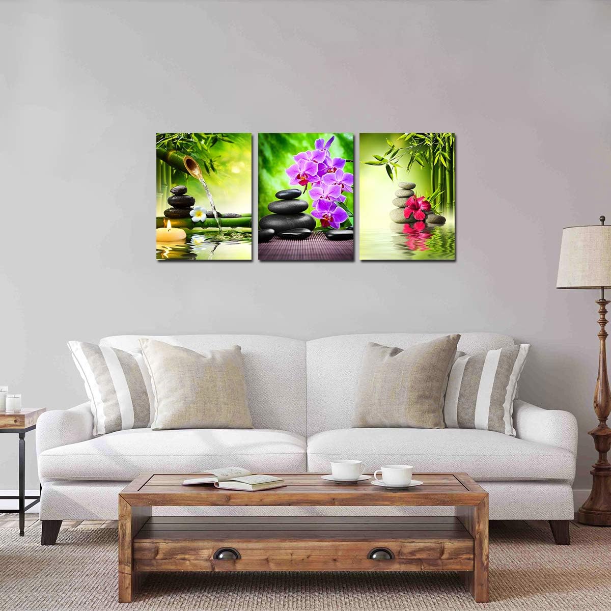 Zen Decor Canvas Wall Art - 3 Panel Green Bamboo Picture Framed Painting for Living Room Bedroom Kitchen Home Office Stones and Orchid Spa Poster Ready to Hang Canvas Print Still Life Modern Artwork