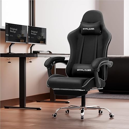 Miniatura 10 de GTPLAYER Silla para videojuegos, silla de computadora con reposapiés y soporte lumbar, silla de juego ajustable en altura con asiento giratorio de