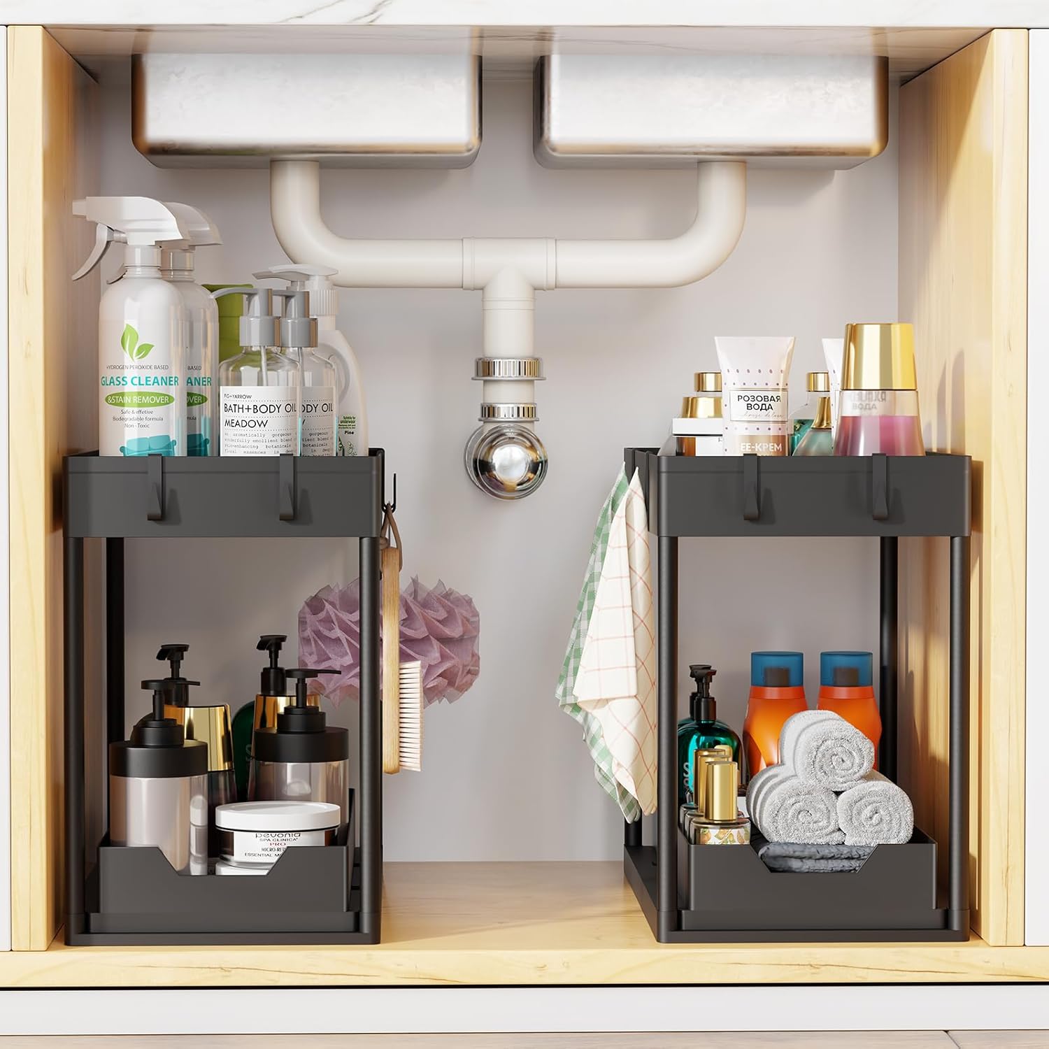 Simple Trending Under Sink Organizer 2 Pack, Sink Pull-Out Sliding Storage Cabinet, 2-Tier Under Shelf Organizer for Kitchen Bathroom, Black - Image 7
