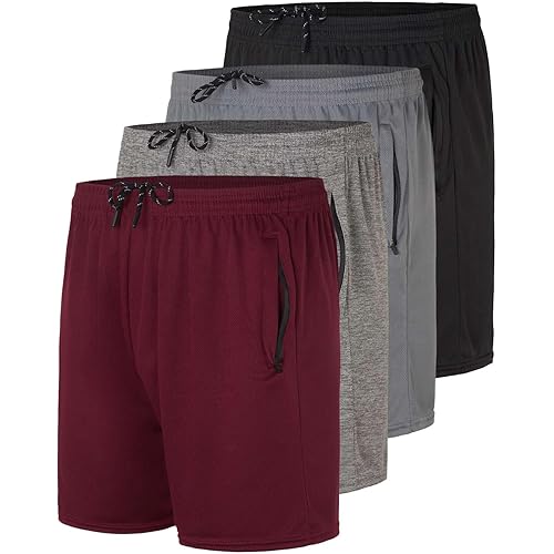 Real Essentials 4 Pack: Men's 5" Mesh Quick-Dry Running Shorts with Zipper Pockets & Drawstring (Available in Big & Tall)