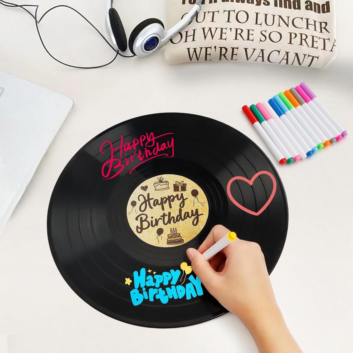 14Pcs Vinyl Record Guest Book, Birthday Party Sign Poster 11.6 x 11.6 inch with 12 Pens and Display, Retro Music Theme Guest Book for Birthday Decorations, Friends Celebration Party Memories