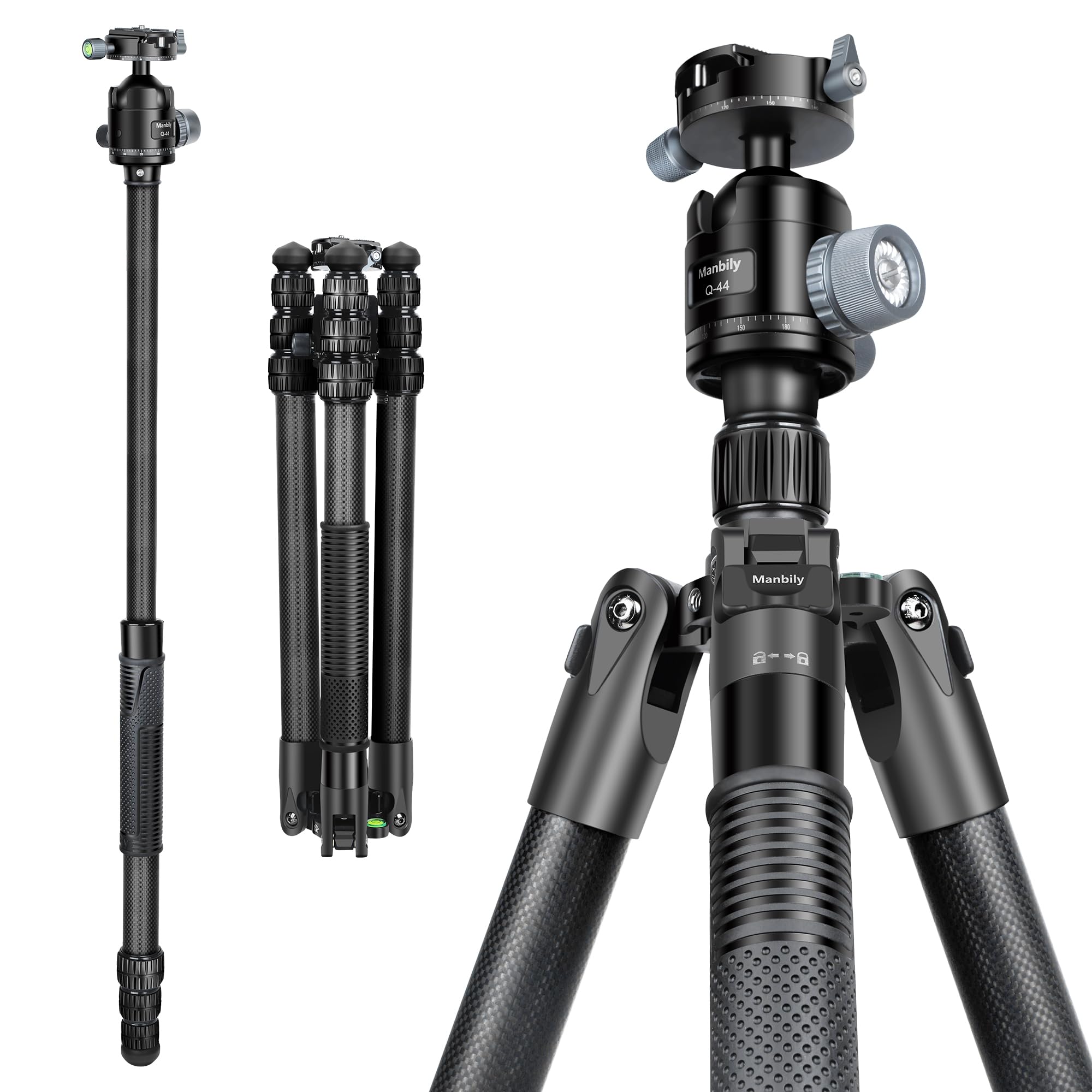 Manbily Treppiede per fotocamera in fibra di carbonio da 13"-76" con tubo da 32 mm, treppiede portatile per fotografia con testa a sfera panoramica a 360° da 44 mm, carico massimo 20 kg, piastra Arca