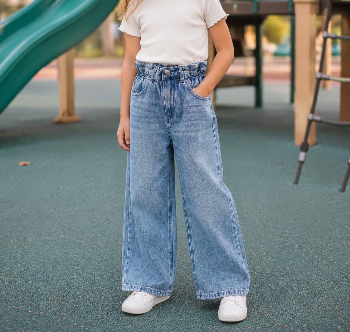 KIDSCOOL Big Girls Paperbag Denim Jeans Kids Elastic Waist Wide Leg Pants | Little girls ruffle waist jeans, cute loose denim trousers, size 5 6 7 8 school outfits, vintage washed comfy pocket apparel
