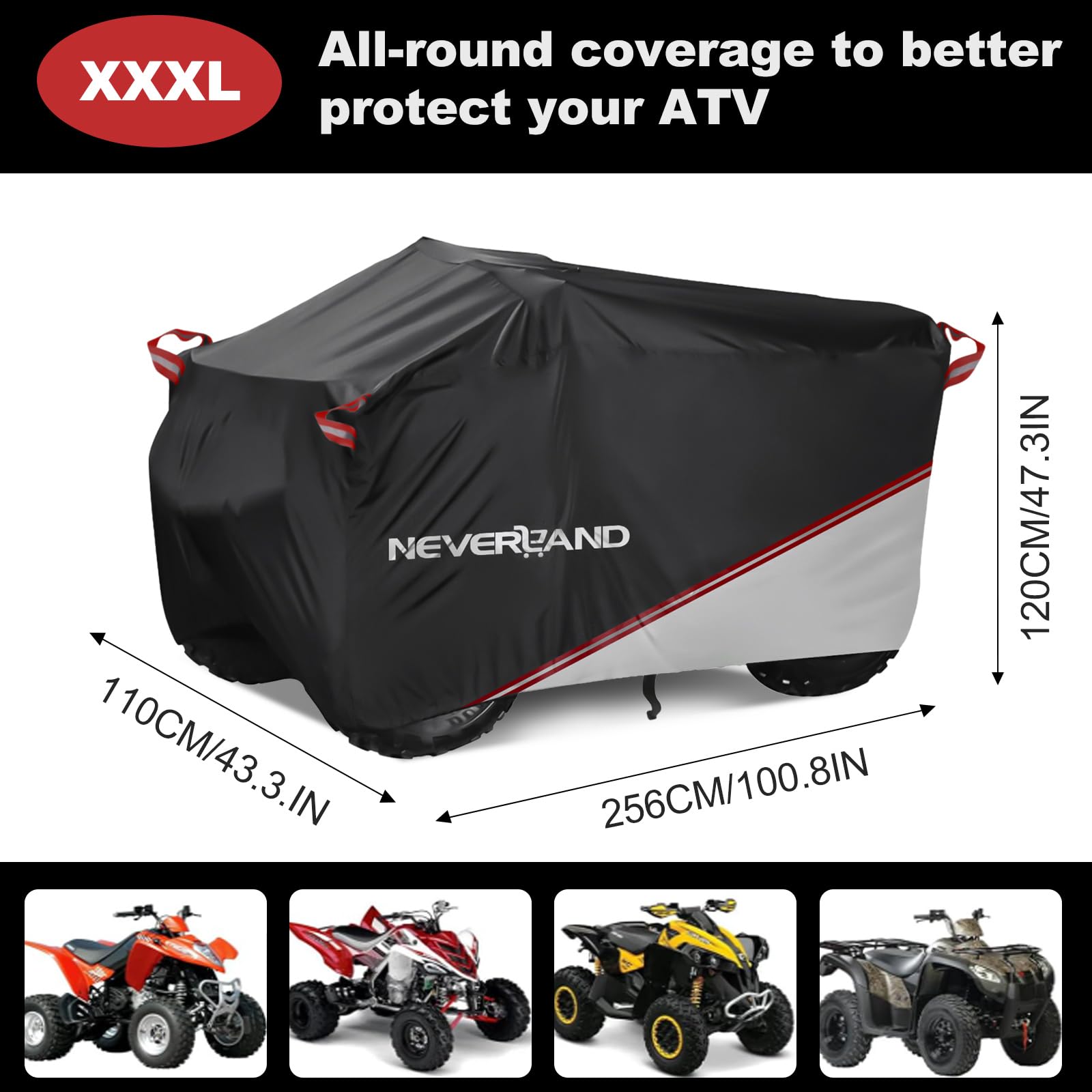 Neverland Quad Abdeckplane ATV Abdeckung,Wasserdicht Innen und Außen Verwendbar Abdeckung für Quad Cover Schnalle Schneesicher Staubdicht Quadplane Schwarze und Silberne Spleiße 256 * 110 * 120cm