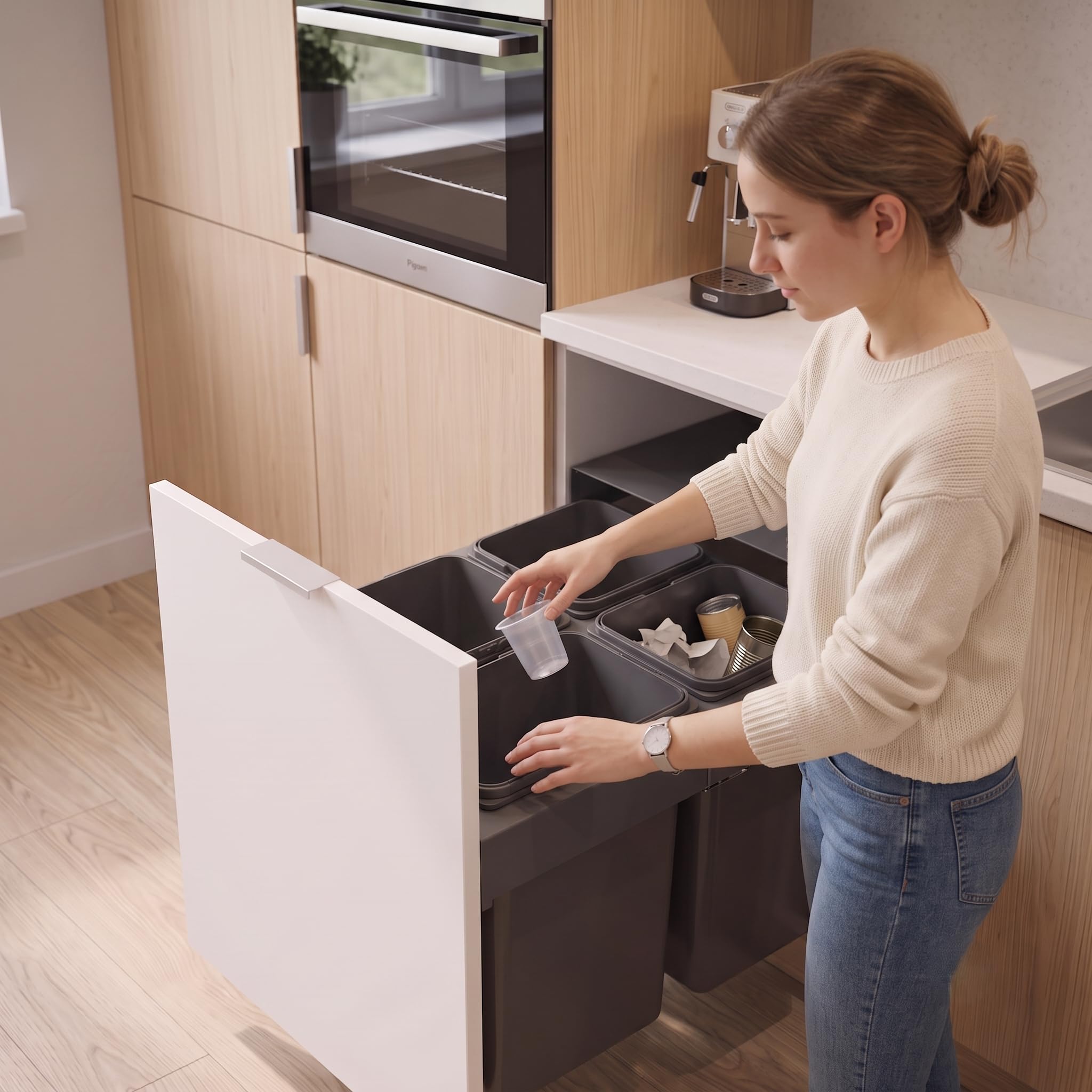 Einbau Mülleimer für 60 cm Küchenschrank 4 fach Abfallsystem 2x15L 2x7L Vollauszug Soft Close Metall Mülltrennung Frontmontage mit Ablage 56,4 x 48 x 32 cm