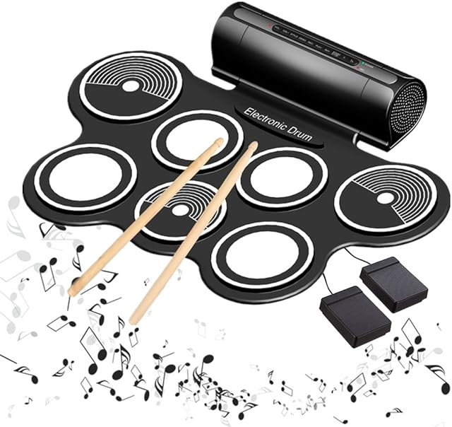 Electronic Drum Set Kids Roll Up Electric Drum Kit Built in Dual Speakers with 7 Drum Pads Foot Pedals Drum Sticks Headphone Jack Portable Drum Birthday Gift for Children Beginners (Black)