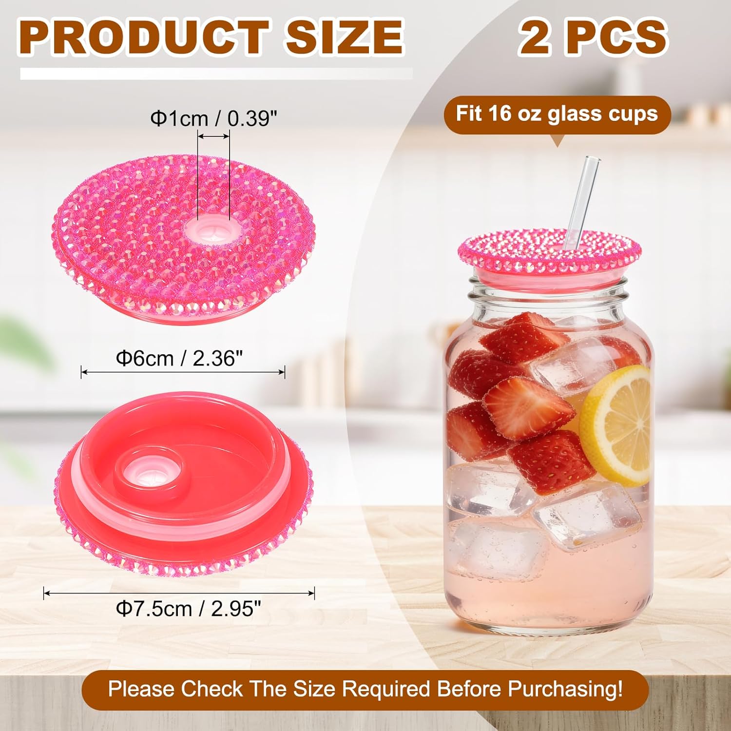 uxcell 2Pcs Acrylic Lids for 16 oz Glass, Reusable Plastic Tumbler Replacement Lids Rhinestone Canning Caps with Hole for Beer Can Drinking Glasses Tumblers, Deep Red Iridescent