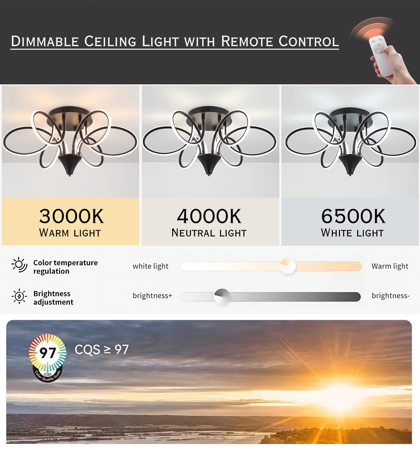Nowoczesna lampa sufitowa LED 90W Nordic Oświetlenie sufitowe Możliwość przyciemniania Lampa sufitowa do salonu Żyrandol do jadalni z pilotem Sypialnia Wiszące światło sufitowe (Czarny, Φ75cm)