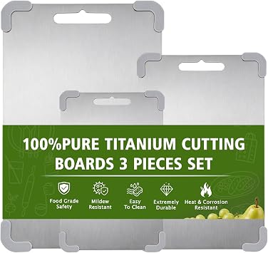 100% Pure Titanium Cutting Boards for Kitchen Set of 3 with NonSlip Pad