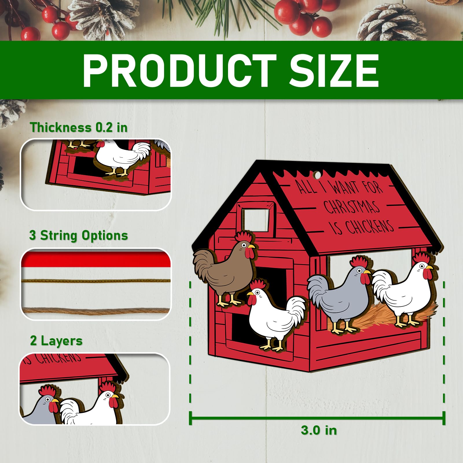 Wooden Chicken Ornament - Christmas Tree Decor -3