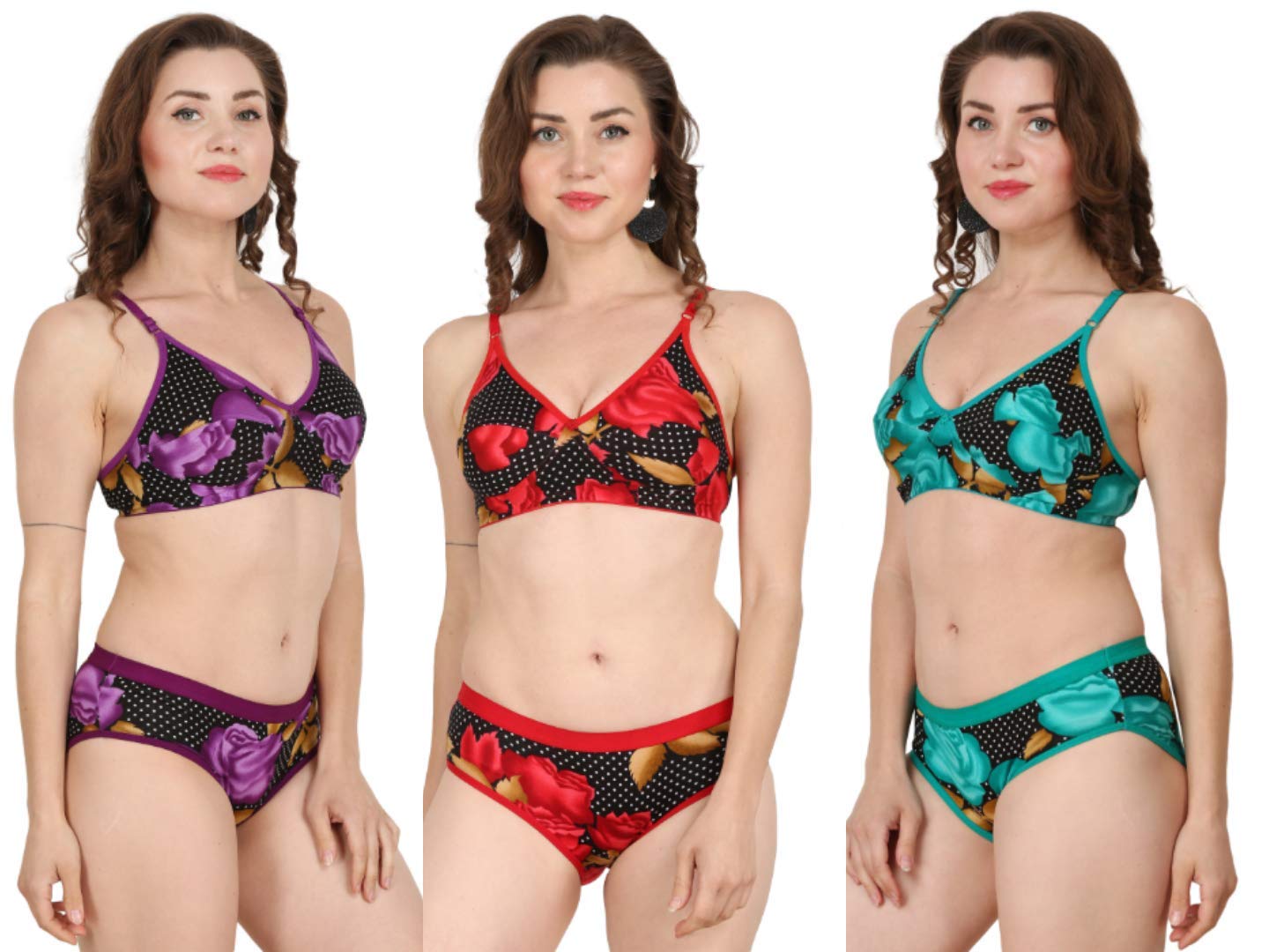 Dot and Flower Print Women's Cotton 3 Bras 3 Pantys Set for Women,Sexy Lingerie for Honeymoon|Lingerie Set for Women|Bra Panty Set for Women Aqua Green|Red|Purple 30 to 38-image-30