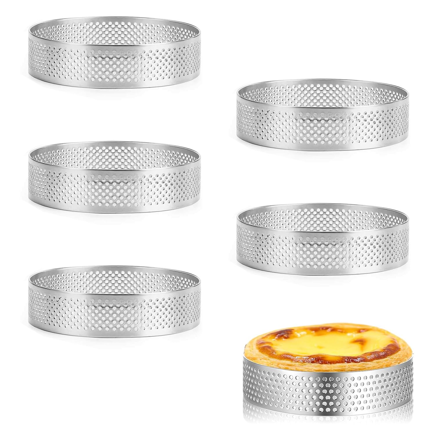 YXHZVON 6PCS Stainless Steel Tart Ring, Perforated Stainless Steel Baking Rings, Perforated Tart Ring, Heat-Resistant Cooking Ring for Cakes, Muffins & Mini Pizzas (6cm)