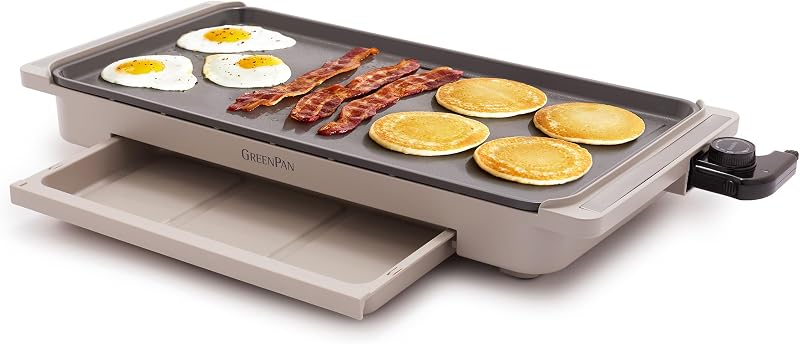 GreenPan Advanced Plancha eléctrica de 10.5 x 20 pulgadas con cajón calentador, revestimiento antiadherente de cerámica saludable sin PFAS, control de temperatura, comidas fáciles y versátiles en la encimera, apto para lavavajillas, arcilla