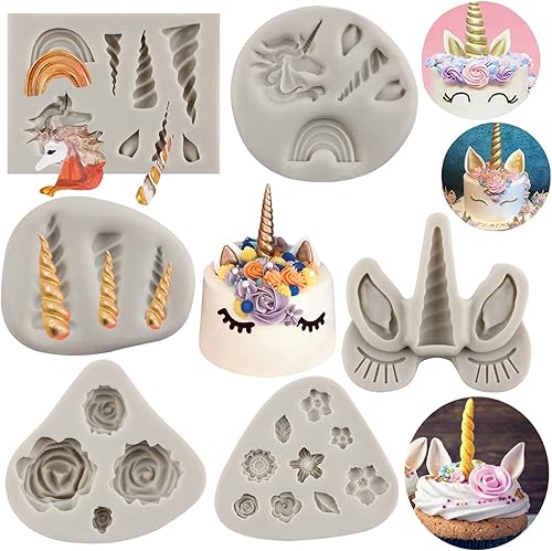 Sijiangmold Moldes de silicona para fondant con temática de unicornio, con orejas de unicornio, cuerno, arco iris, para decoración de pasteles,