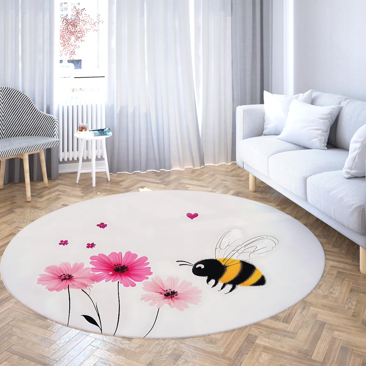 Tapis d'entrée rond blanc de 90cm lavable à motif bourdon mignon