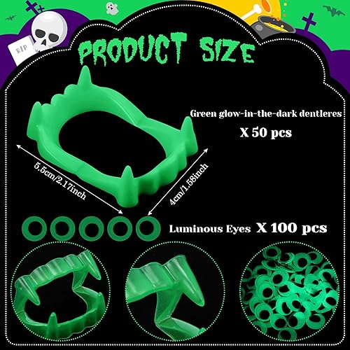 Miniatura 9 de Hungdao 50 colmillos de dientes de plástico de vampiro, colmillos falsos blancos de Halloween, máscara de hombre lobo, con 100 piezas de ojos de