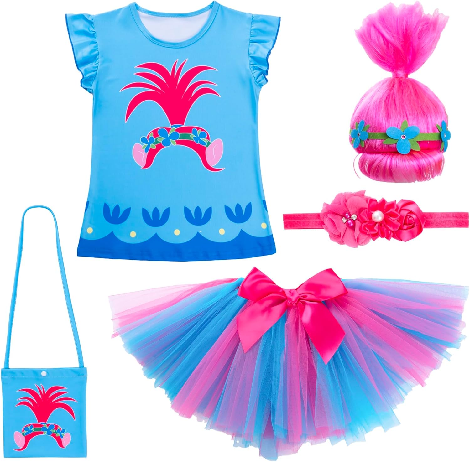 Princess Tutu Dress with Wig For Girls, Poppy Dresses Costume Set, Cosplay Outfits Halloween Dress Up Birthday Party 130