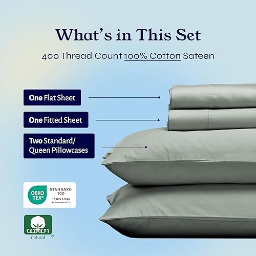 Vista 168 de Juego de sábanas de 400 hilos y 6 piezas, tamaño King, con 4 fundas de almohada, ropa de cama de 100 % algodón con tejido satinado, color azul 12