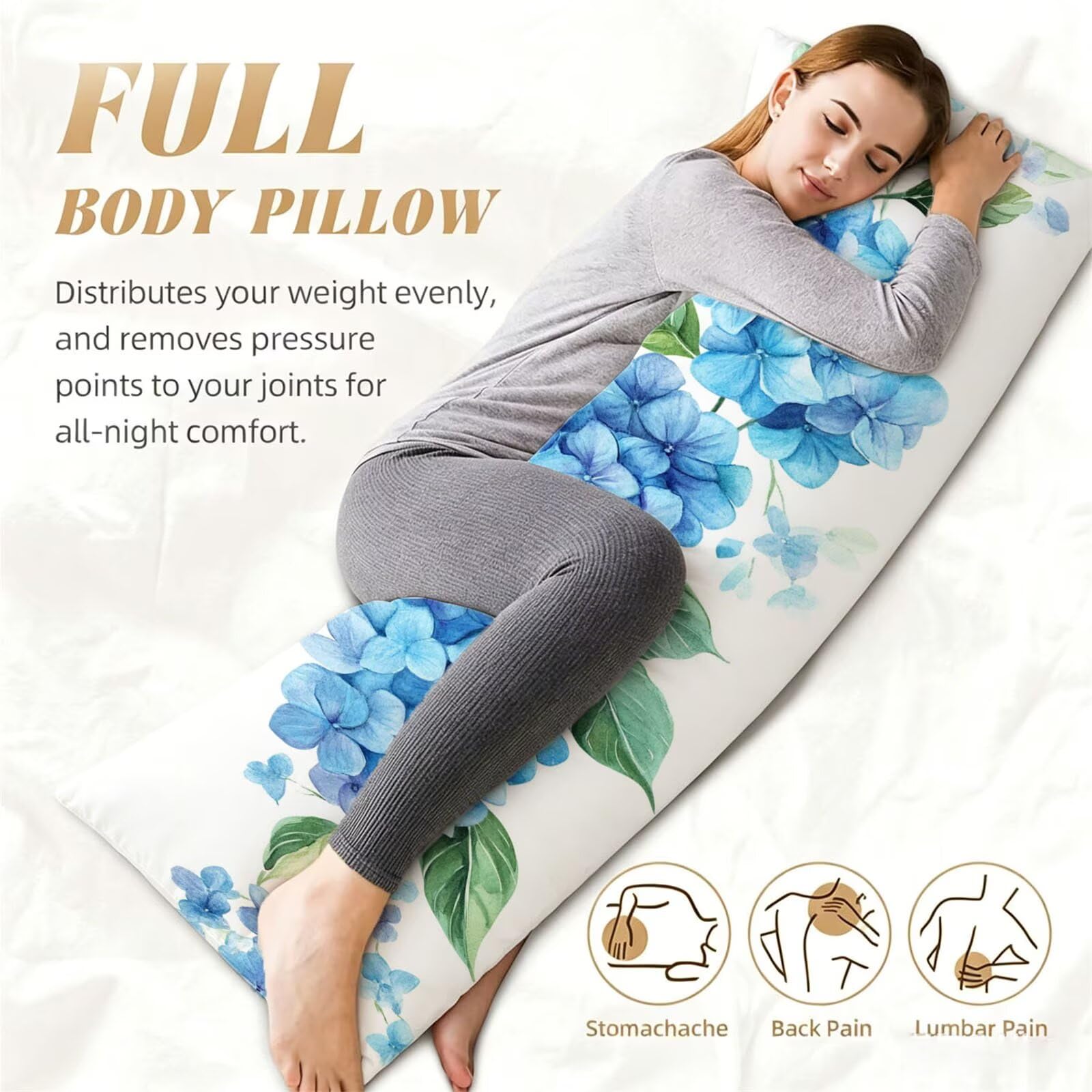 Funda de Almohada 60 x 180 cm Azul Protector Almohada 180 cm con Cremallera Invisible, Terciopelo Suave y Transpirable Pillow Case Flor Impresión a Doble Cara para Cama, Sofá y Dormitorio dg-211