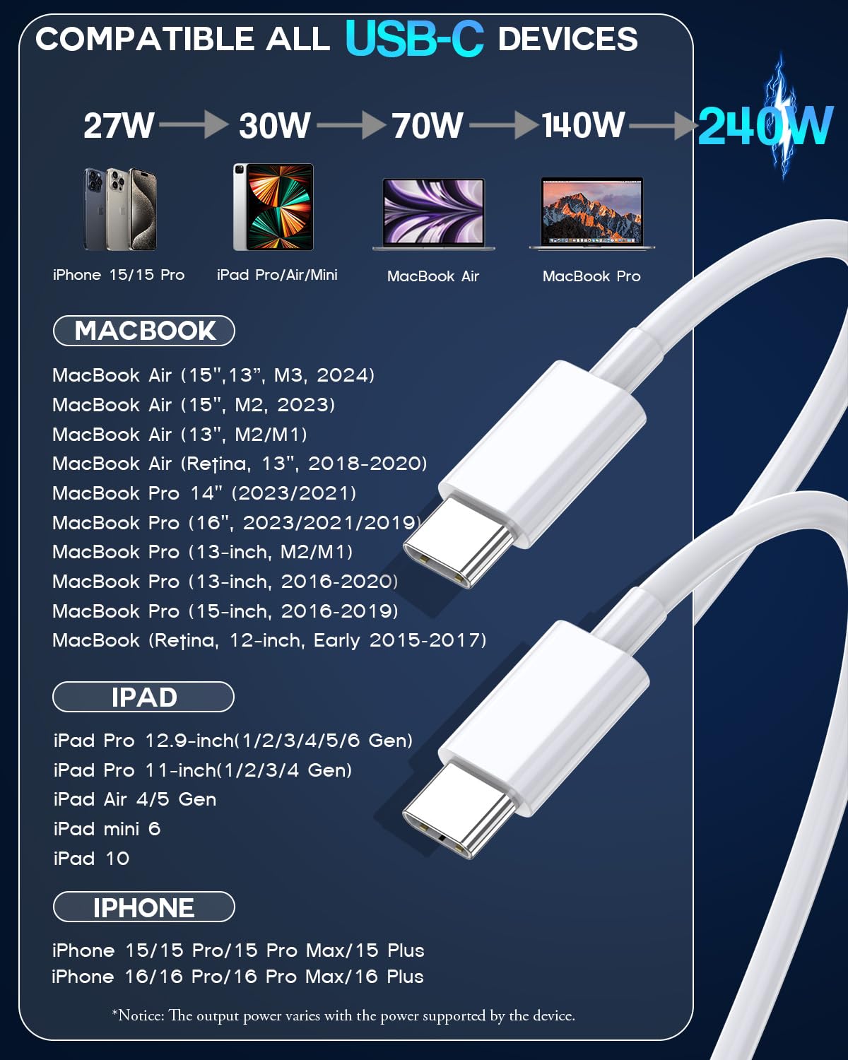 Cavo USB C a USB C, 240 W, confezione da 2 cavi da C a C da 3 m, ricarica rapida per MacBook Pro/MacBook Air, iPad Pro/iPad Air, iPhone 16 15 Pro Max Plus, Samsung Galaxy, compatibile 140W/100W/65W