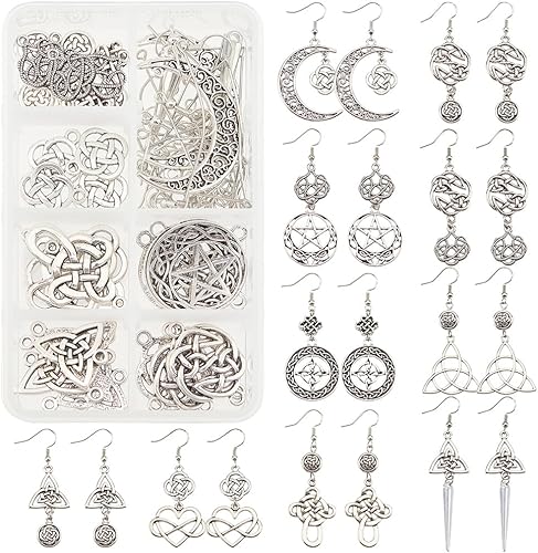 Miniatura 22 de SUNNYCLUE 1 caja de 8 pares de aretes de nudo celta de plata antigua, aretes colgantes de perlas, kit de inicio de fabricación de joyas