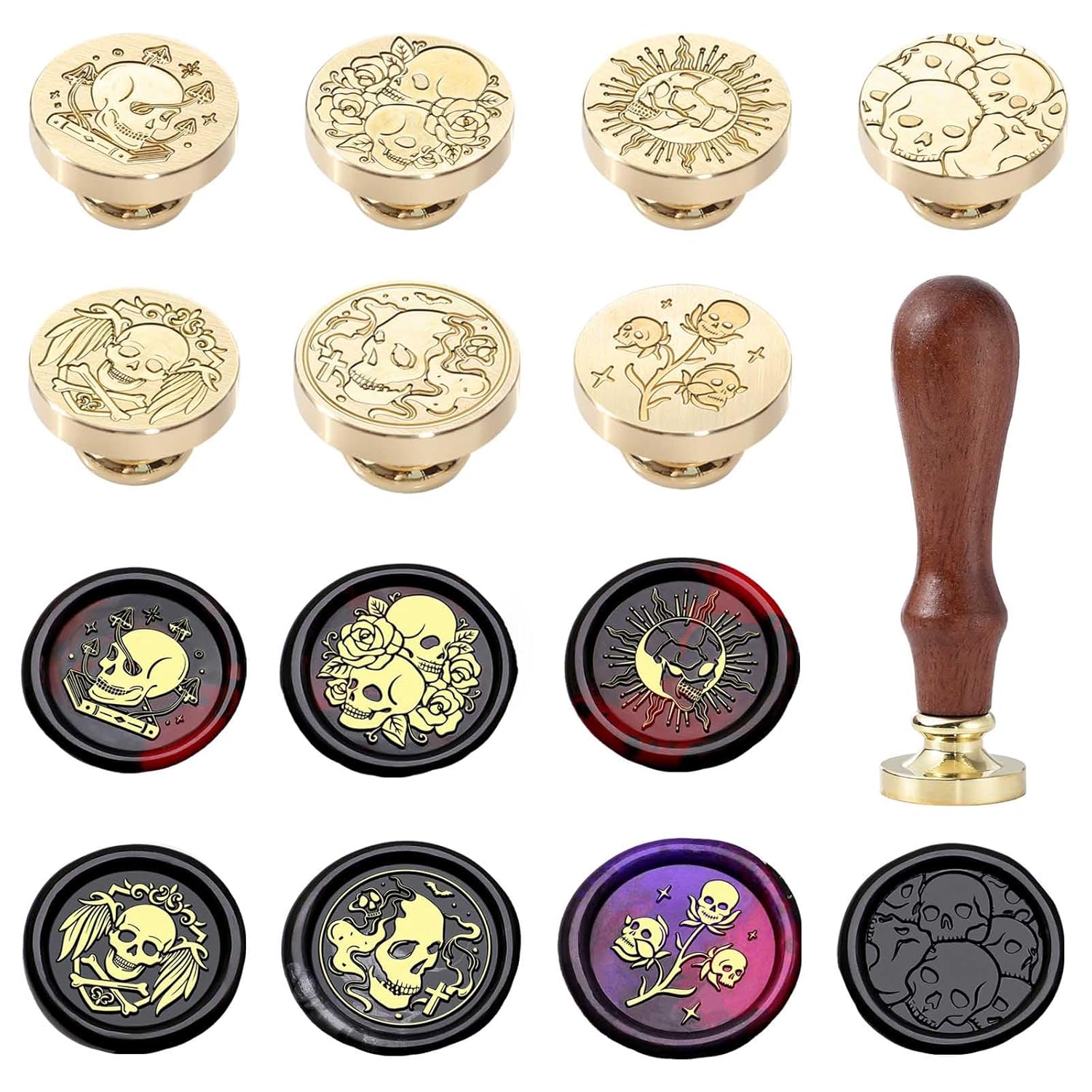 Skull Wax Seal Stamp Kit - 7 Pcs Dark Series Sealing Wax Stamp with Handle,0.98-inch/25mm Removable Brass Sealed Stamp(Flower,Cross,Book,Mushroom,Wing,Rose)
