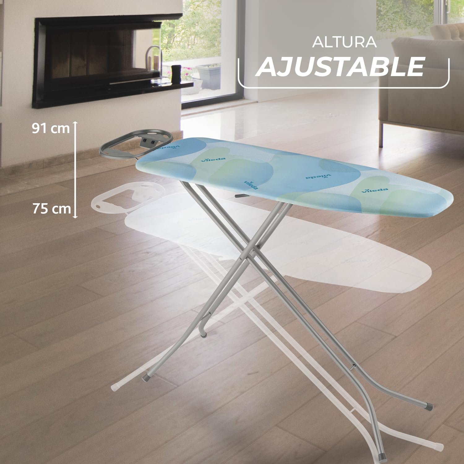 Vileda Tabla de Planchar Smart | Tabla de Planchar compacta | Extra Estable | Altura Ajustable hasta 91 cm | Algodón