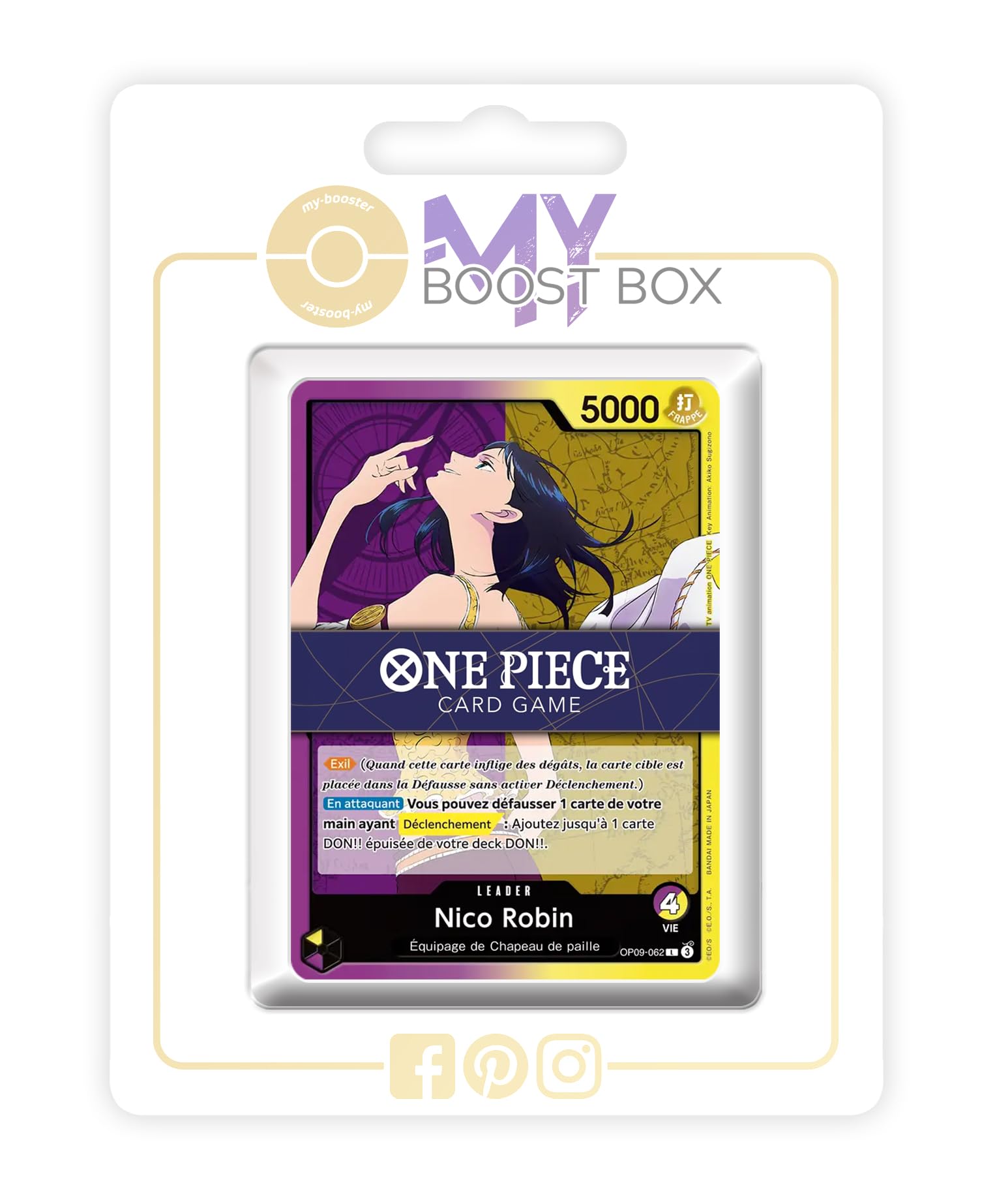 Coffret Myboost One Piece 9 – Nico Robin Leader + 17 Cartes C/UC/R Jaunes – Les Nouveaux Empereurs, Cartes Françaises