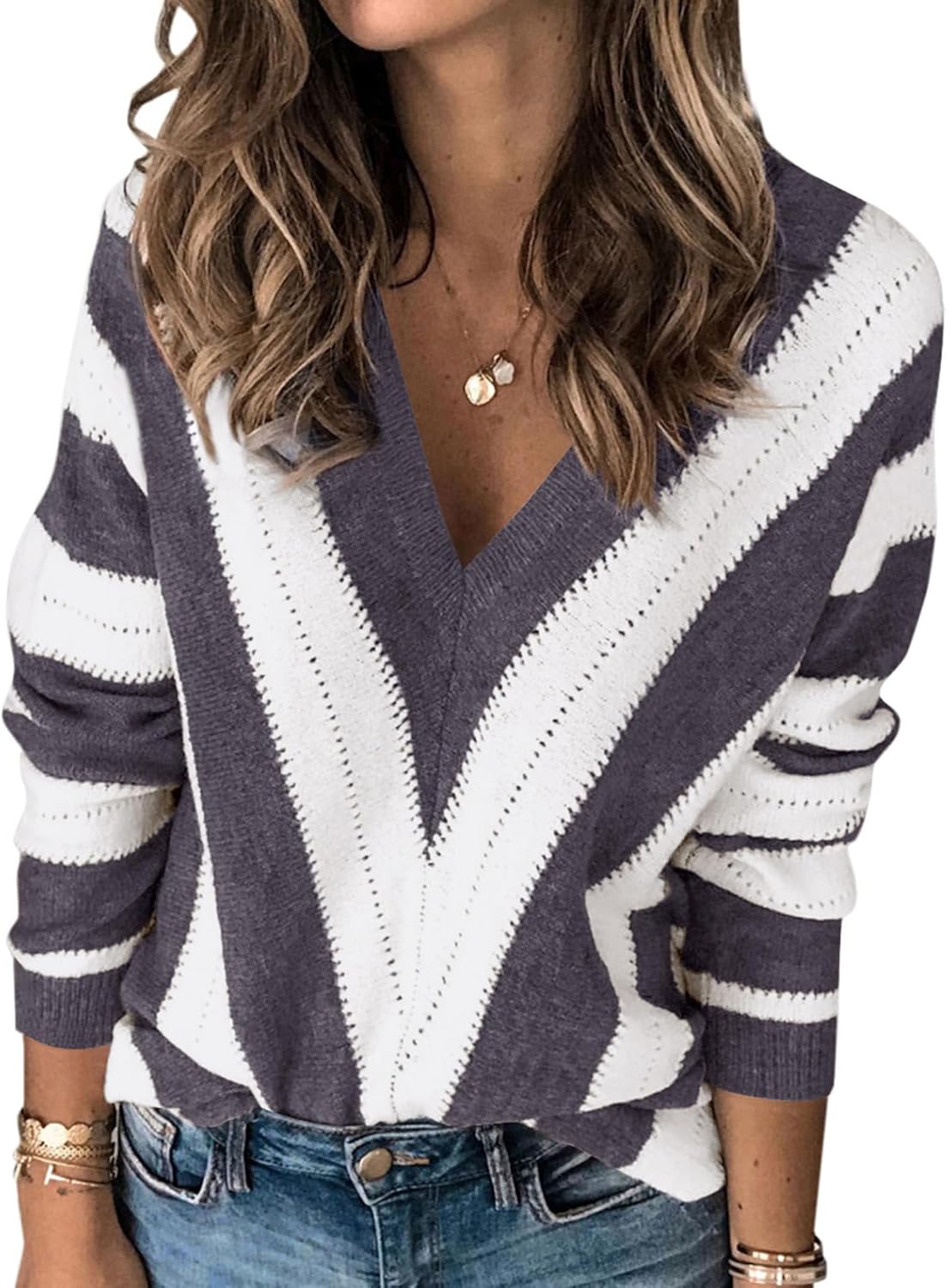 PRETTYGARDEN Sweaters for Women 2026 Long Sleeve Striped Knitted V Neck Pullover Jumper Tops Fall Outfits Fashion Clothing