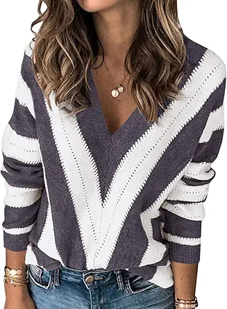 PRETTYGARDEN Sweaters for Women 2025 Long Sleeve Striped Knitted V Neck Pullover Jumper Tops Fall Outfits Fashion Clothing