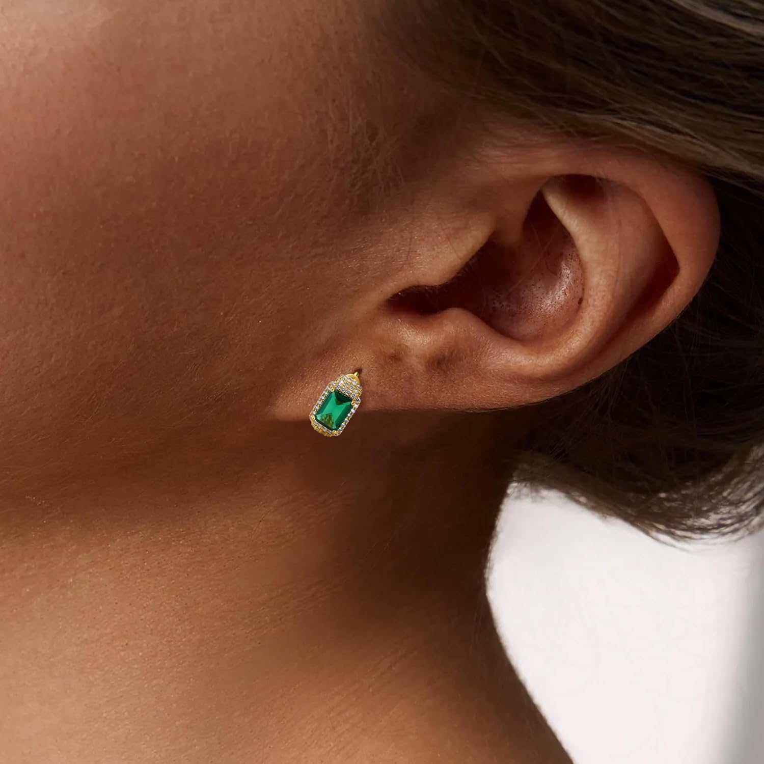 EVEYE Green Jewelry Earrings for Women, 18K Gold Plated Huggie Hoop with Created-Emerald and Cubic Zirconia, Lightweight Adjustable Earrings, Eco-Friendly Recycled Brass Birthday Gift for Women - Image 2