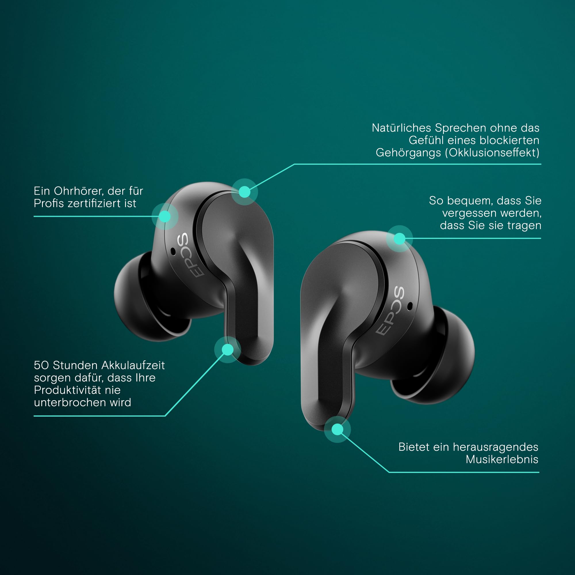 EPOS ADAPT E1 Schwarz Kabellose In-Ear-Kopfhörer – Hybrides ANC, Multi-Point Bluetooth, Microsoft Teams & Für iPhone Zertifiziert, 50H Akku, Kabelloses Laden, Halboffenes, USB C Dongle IPX5 Wasserfest