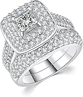 DoubleFair 1 Carat Princess Cut CZ 2-Piece Wedding Ring Set for Women - White Gold Plated Bridal Engagement Rings