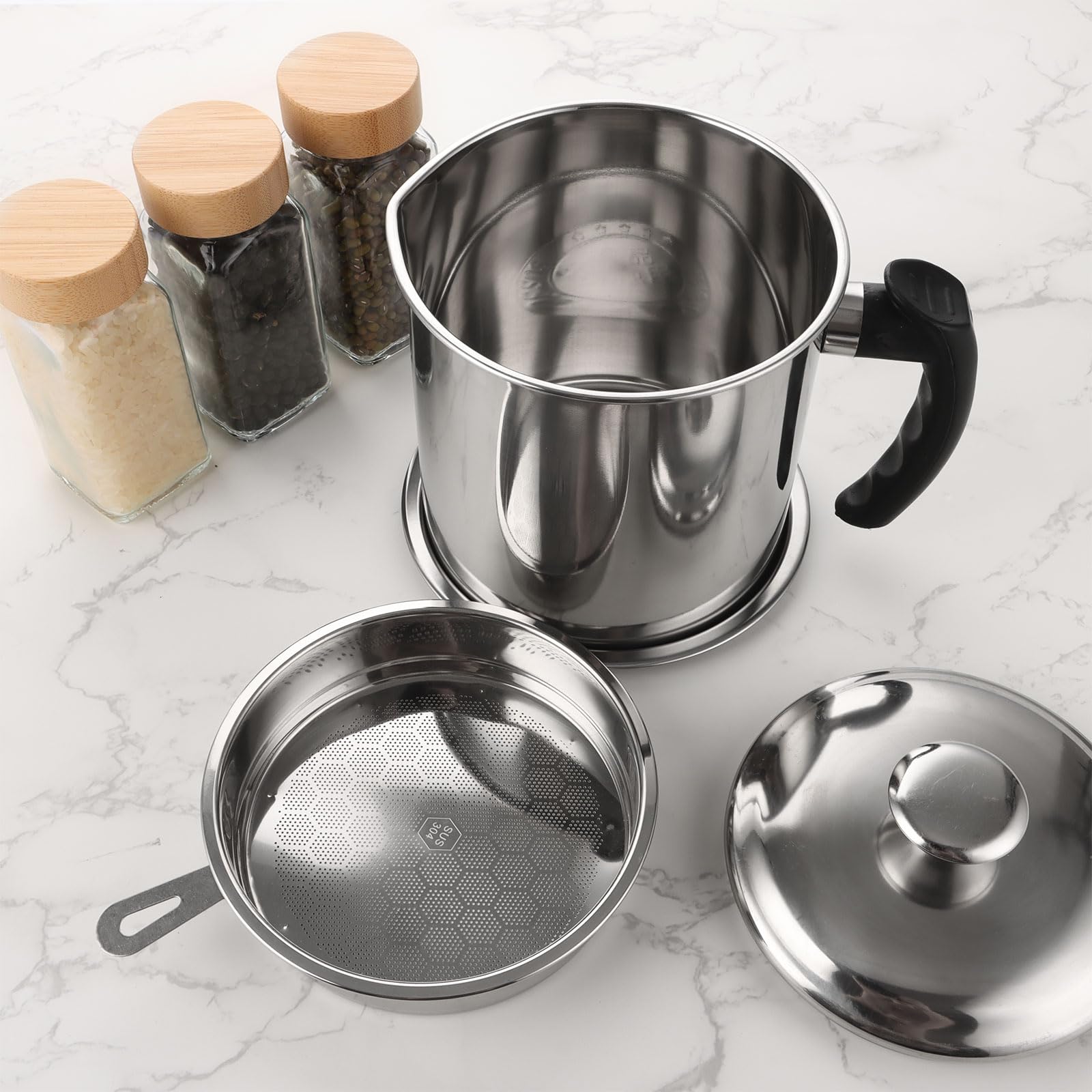 2 recipientes coladores de aceite, recipiente de acero inoxidable de 1.3 L con colador, recipiente de grasa de tocino con tapa y placa antideslizante
