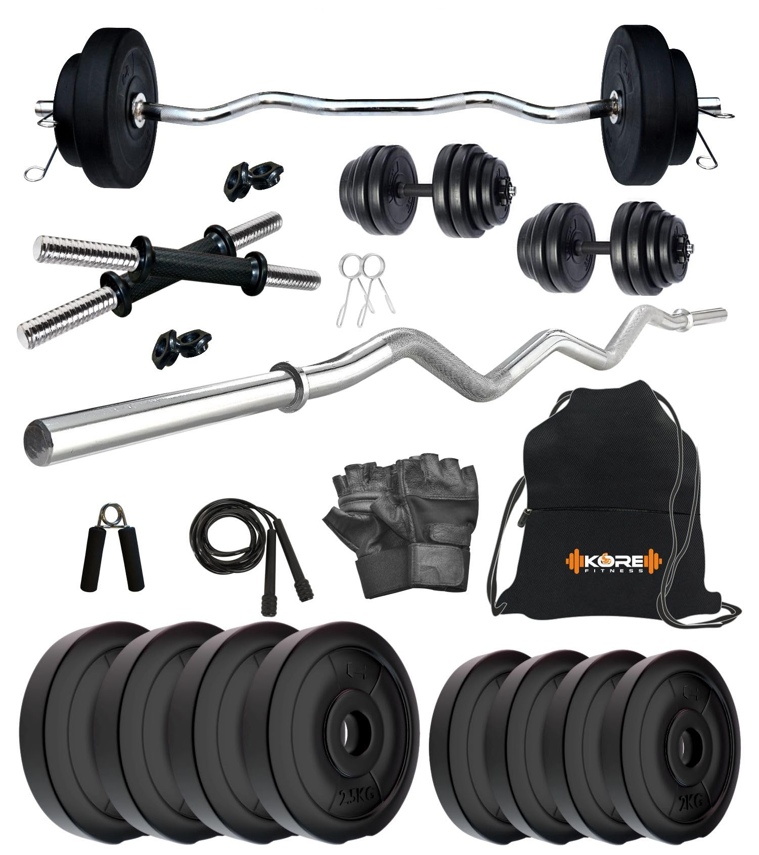 Kore PVC 18 Kg Home Gym Set with One 3 Ft Curl and One Pair Dumbbell Rods with Gym Accessories, Black