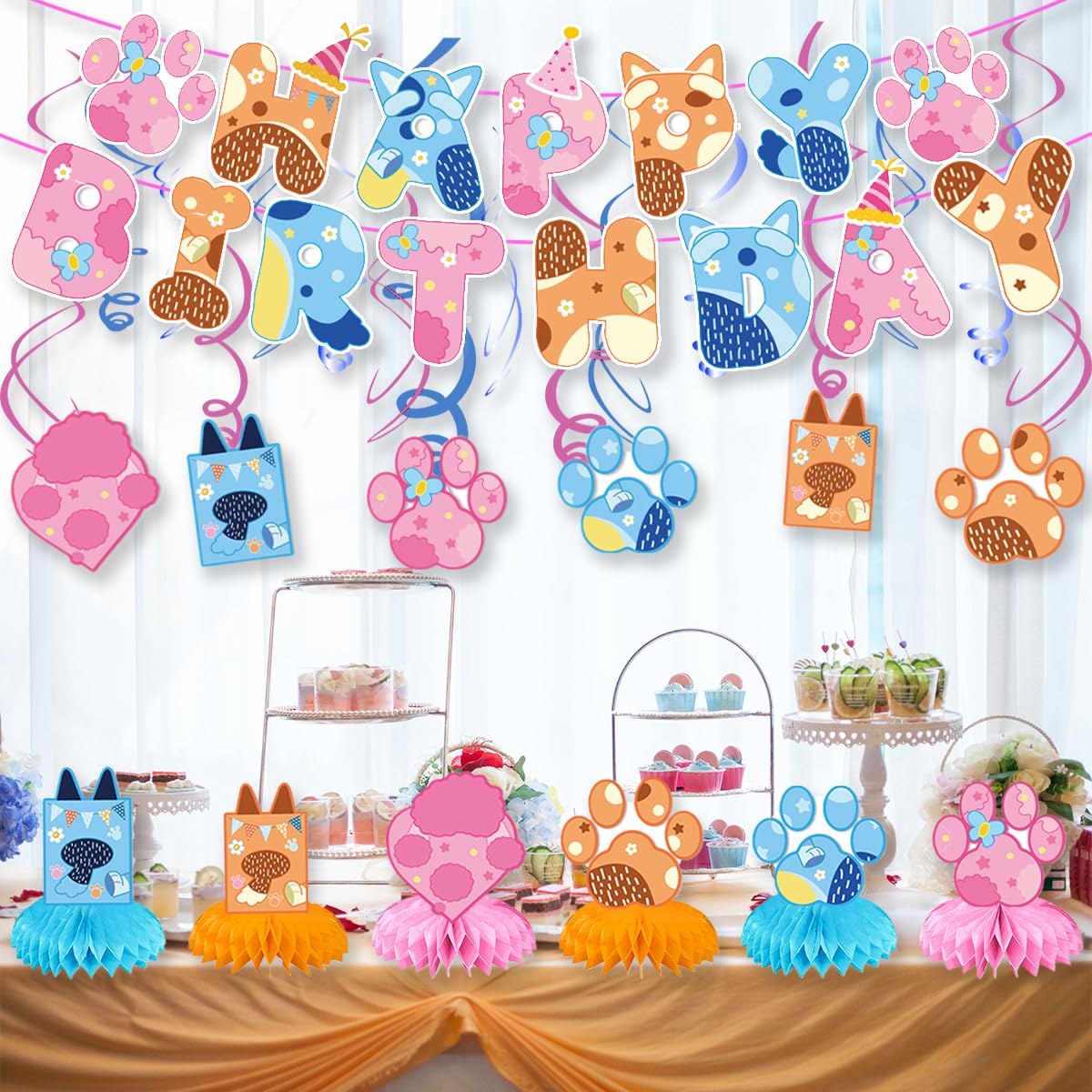 Blue Birthday Party Supplies, Blue Party Decorations - Banner -6 swirl-6 Honeycomb Centerpieces