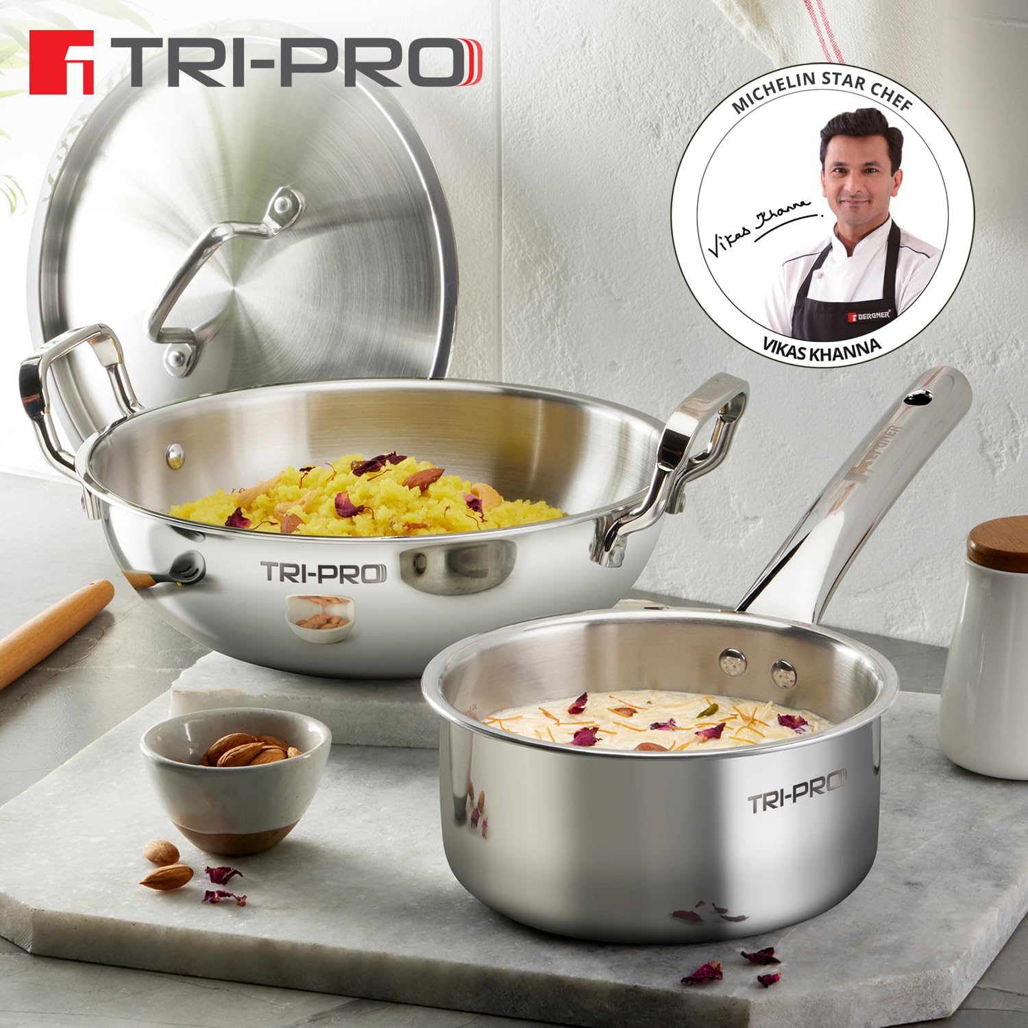 Bergner Tripro TriPly Edelstahl-Kochgeschirr-Set, 3-teilig, 24 cm (3 l), indischer Wok/Kadai mit Deckel, 16 cm (1,7 l), Teekanne, Induktionsboden und Gasherd bereit