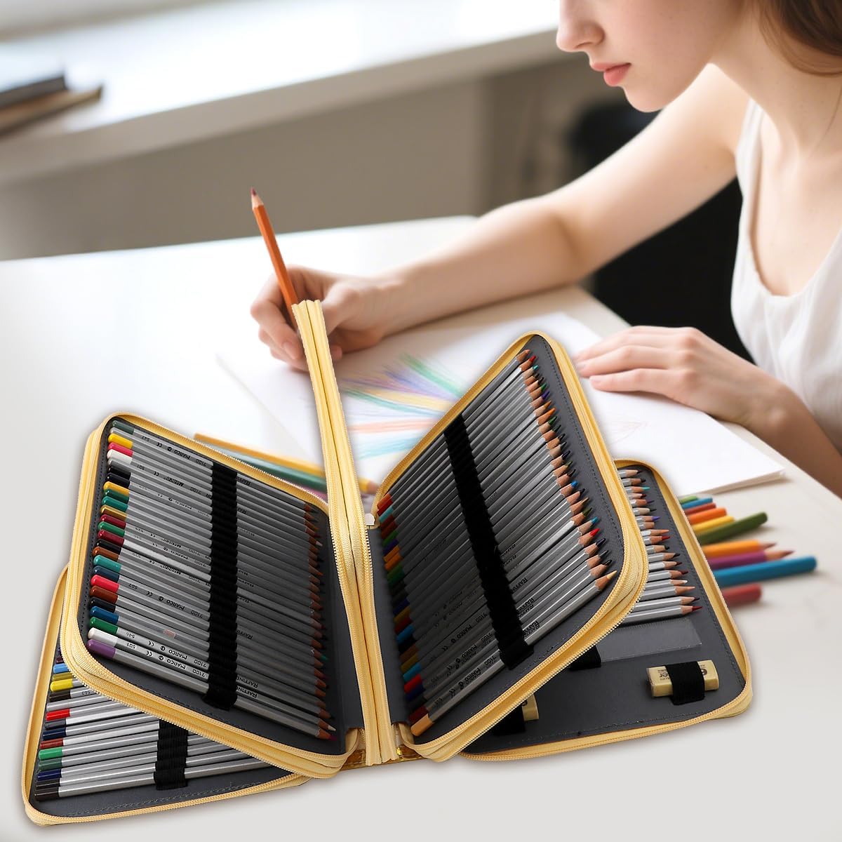 Large Capacity Colored Pencil Case - 200 Slots PU leather with Zipper Closure Portable Organizer for Watercolor Pencils Ideal for Artists for Artists (Yellow)
