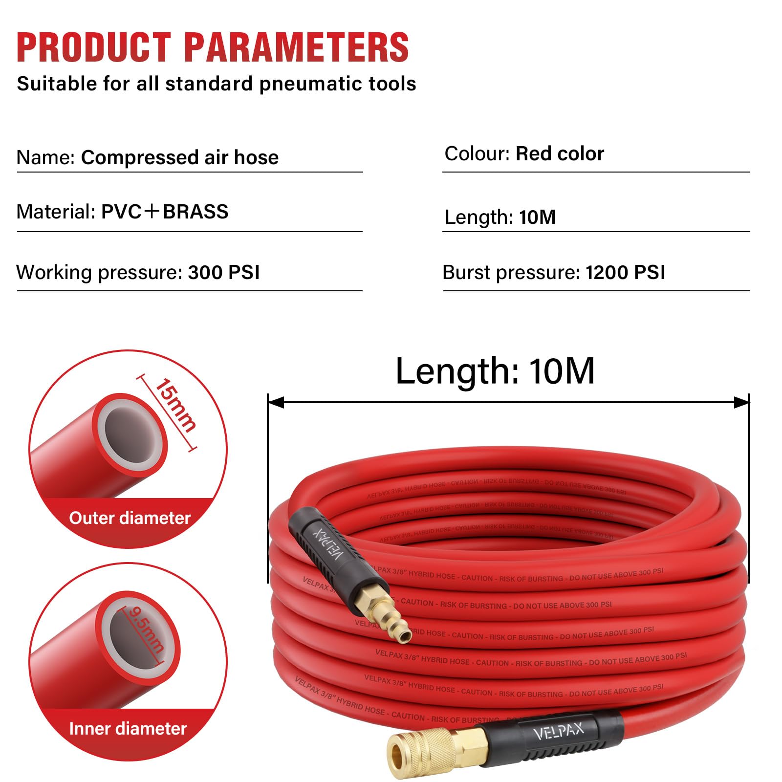 Hybrid Air Hose, 9.5mm I.D. x 15mm O.D. by 10m, 300 PSI Working Pressure - Image 3