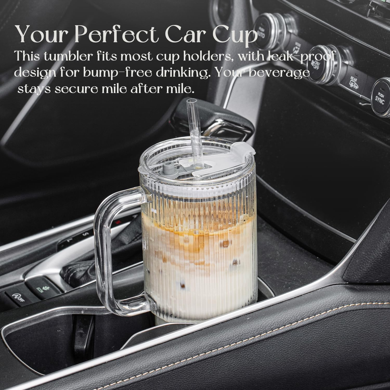 26oz Ribbed Glass Tumbler with Handle & Lid, 2-Pack Clear large Iced Coffee Cups with Straws, Spill proof Glass Mug for Cold & Hot Beverages, Aesthetic Travel Cup for Smoothies, Tea, and Juice - Image 6