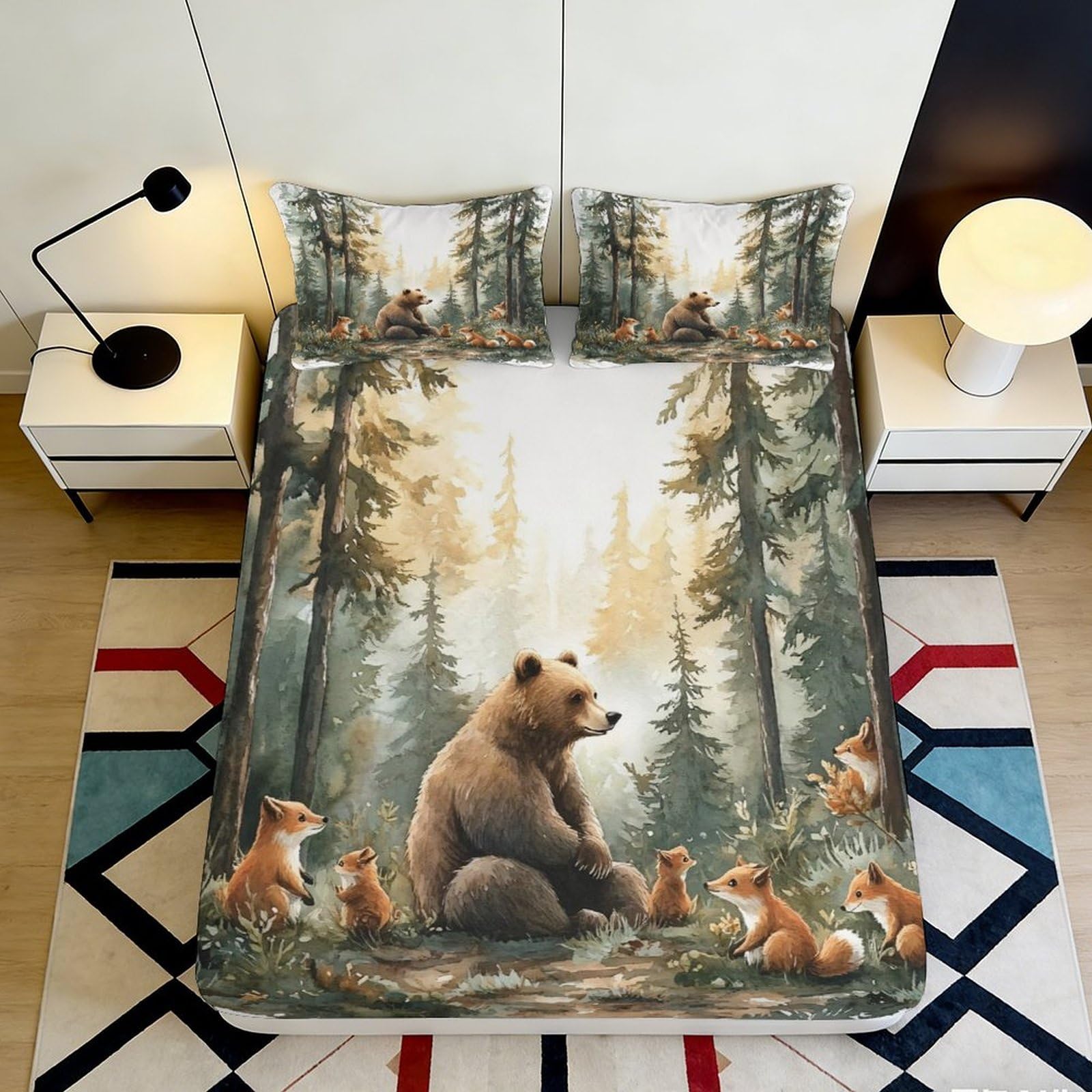 3D Printed Forest Bear Fitted Sheet Microfiber Soft Breathable Woodland Fox Mattress Cover for Bedroom Decor 120x200x25cm