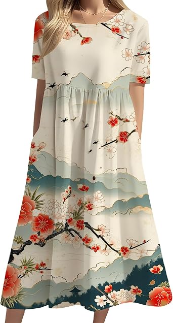 Japanese Traditional Landscape Midi Dresses Womens Artistic Boho Tiered Sundresses A Line Casual Daily Dress