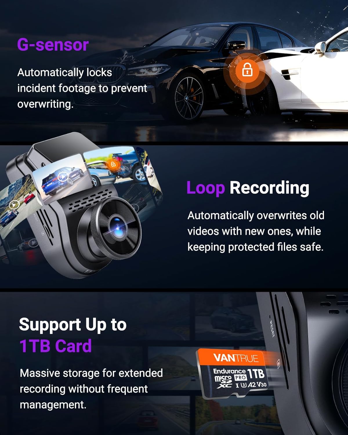 Vantrue S1 Pro Dash Cam Front STARVIS 2, 2.7K Mini Dash Camera for Cars, ADAS, App Control, Built-in WiFi GPS, G-Sensor, Loop Recording, Night Vision, 24H Parking Mode, 158°, 2" IPS, Support 1TB Max - Image 7
