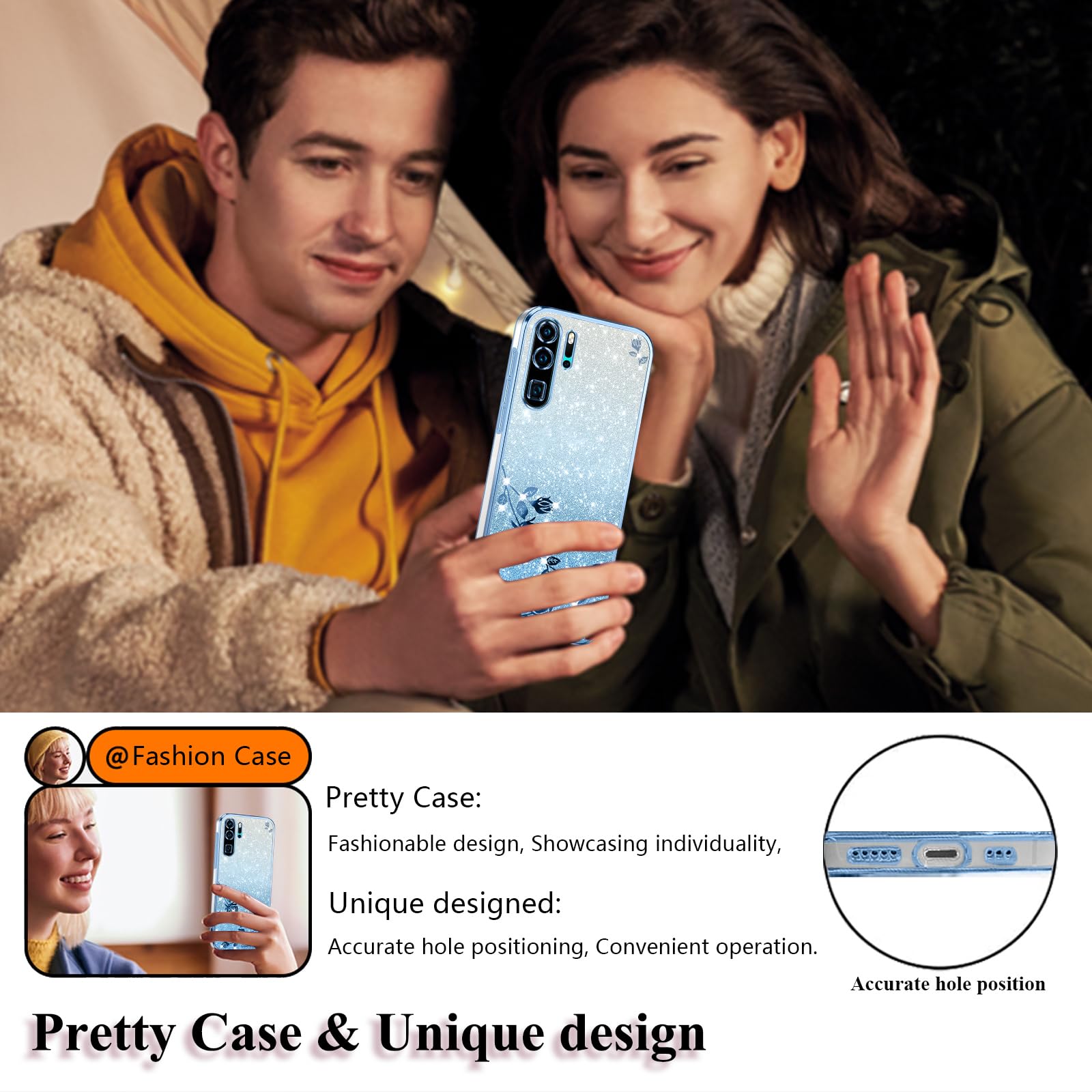 Hülle Für Huawei P30 Pro – Transparent Mit Glitzer, Blumen, Dünnes Silikon-Case, Stoßfest (Farbe: Lila)