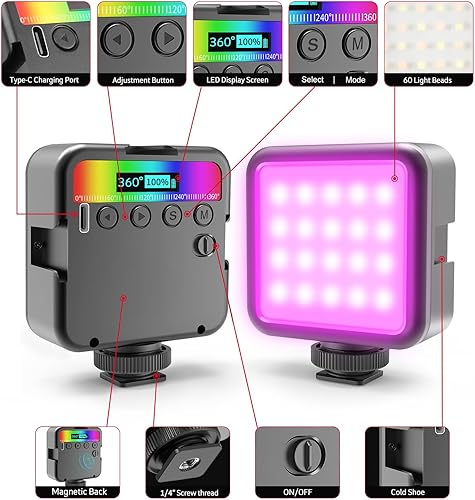Miniatura 2 de Luz de video LED RGB magnética Luz de cámara LED 360 a todo color Iluminación de fotografía portátil con 3 zapata fría, 2000mAh CRI recargable