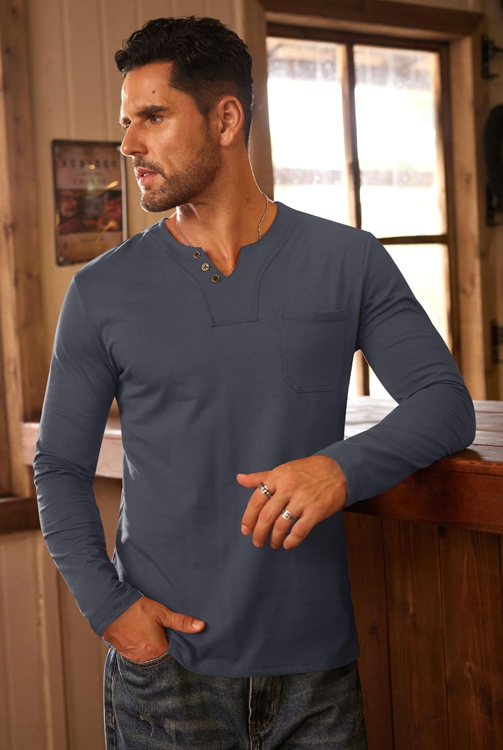 Mens V Neck Shirts Long Sleeve Casual Soft Cotton Slim Fit T-Shirt (S-XXL) - Image 2