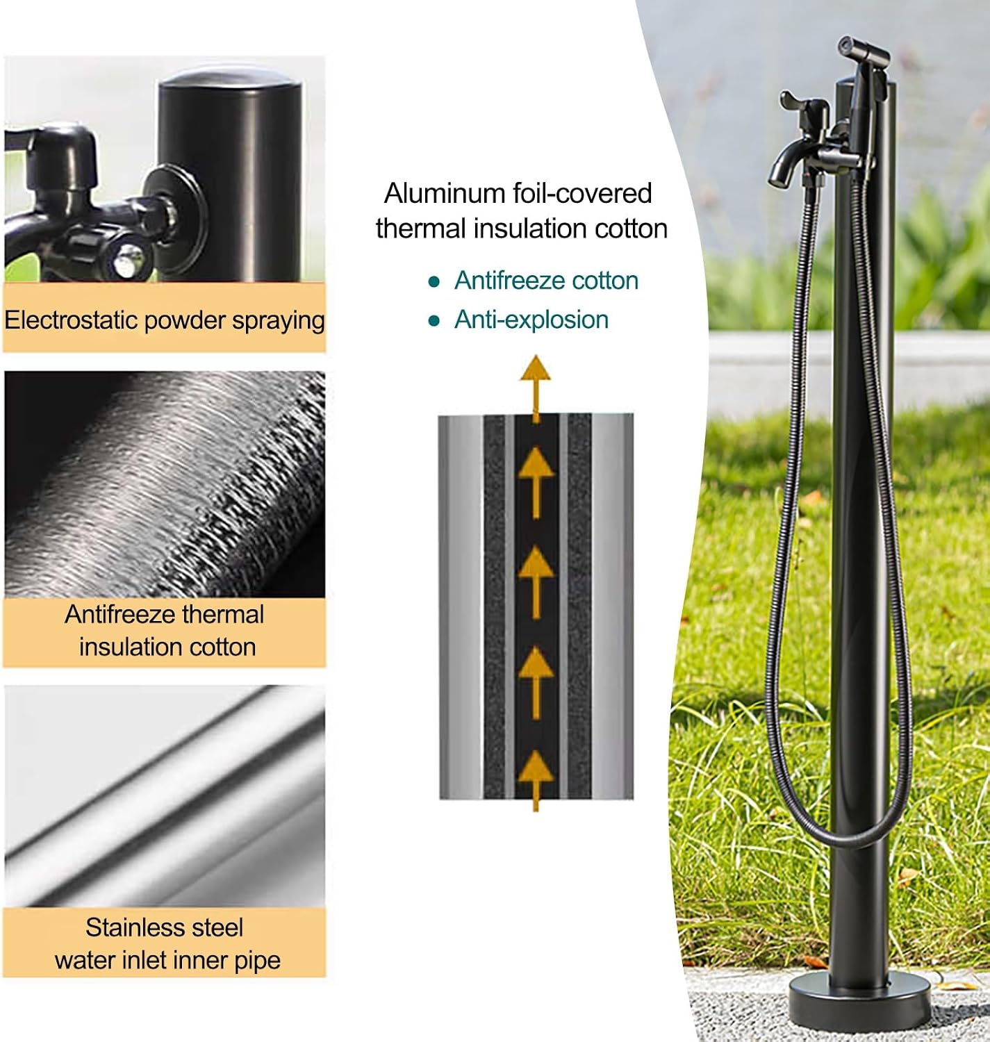 Stainless Steel Vertical Garden Water Column Anti-Frost Crack Outdoor Faucet Post Stand, with Faucet & Spray Gun for Courtyard Irrigation(60cm/23.6in)