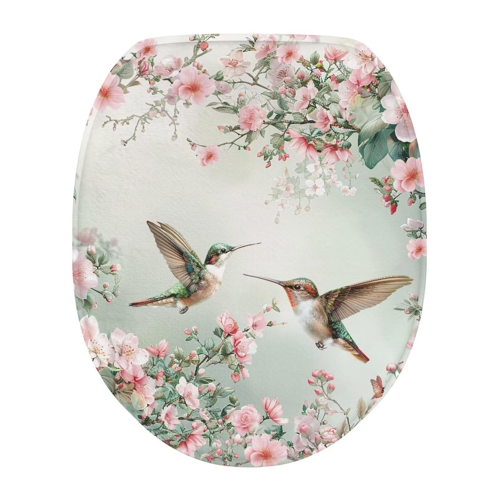 TODIYADDU Stylish Hummingbird Toilet Lid Seat Covers for Bathroom Cherry Blossoms Toilet Lid Cover Replacement Absorbent Toilet Lid & Tank Covers with Elastic Edge Elongated Toilet Lid Covers Gifts